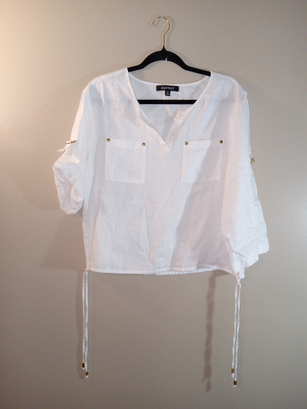 Ellen Tracy White Linen-Blend V-Neck Drawstring Pocket Tunic